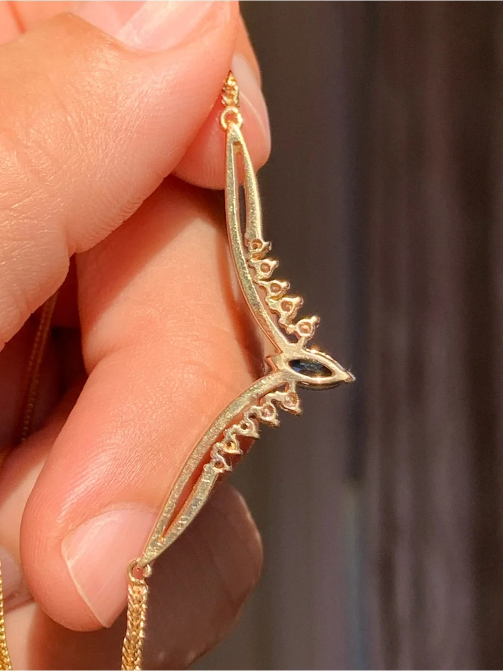 14k Gold Wing Necklace with Blue Sapphire Marquise Stone and Clear Diam Accents - Picture 6 of 11